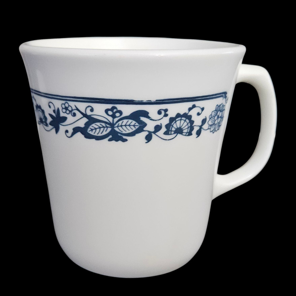 Corning Blue Onion Coffee Mugs Set of 2 White Milk Glass USA Vintage 3.25 Inch